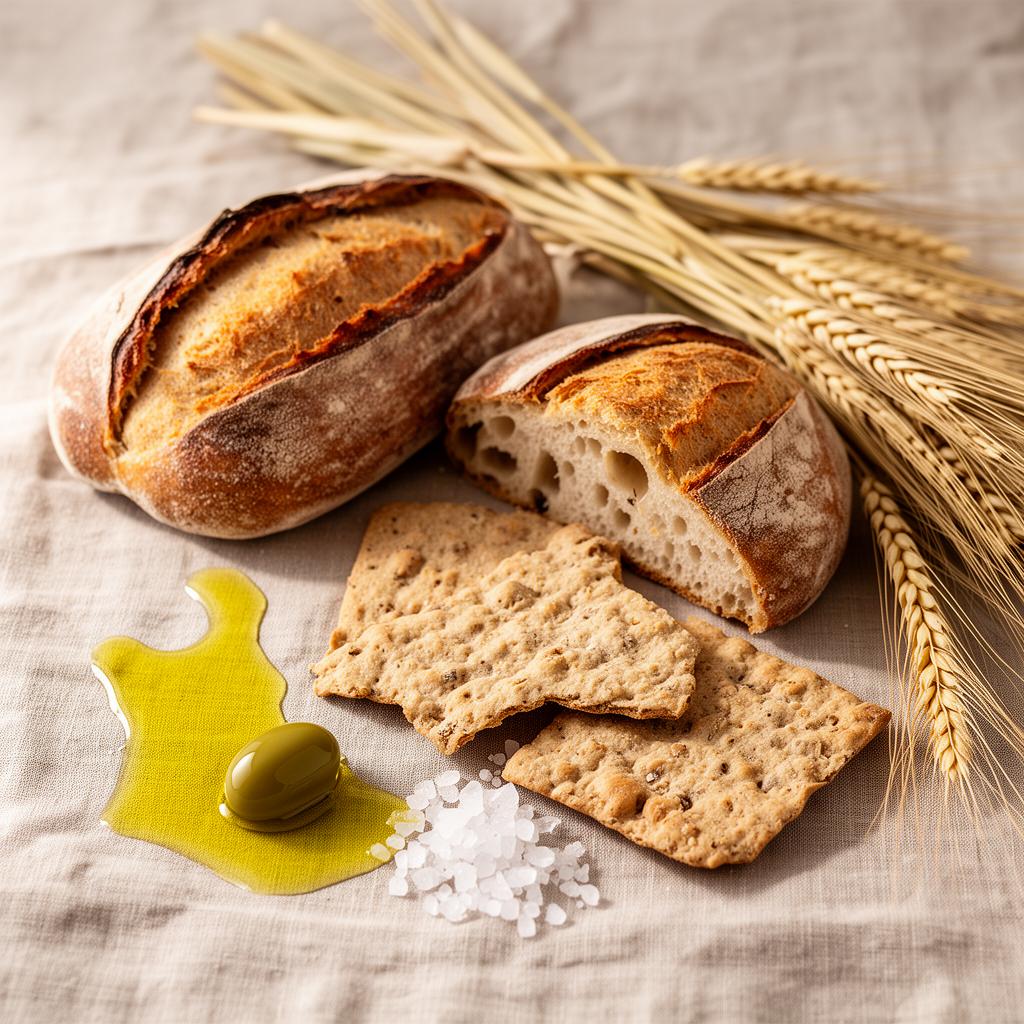 Despensa gourmet con pan, aceite y conservas